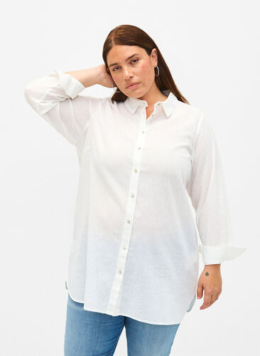 Langes Hemd aus Leinen und Baumwolle, Bright White, Model image number 0