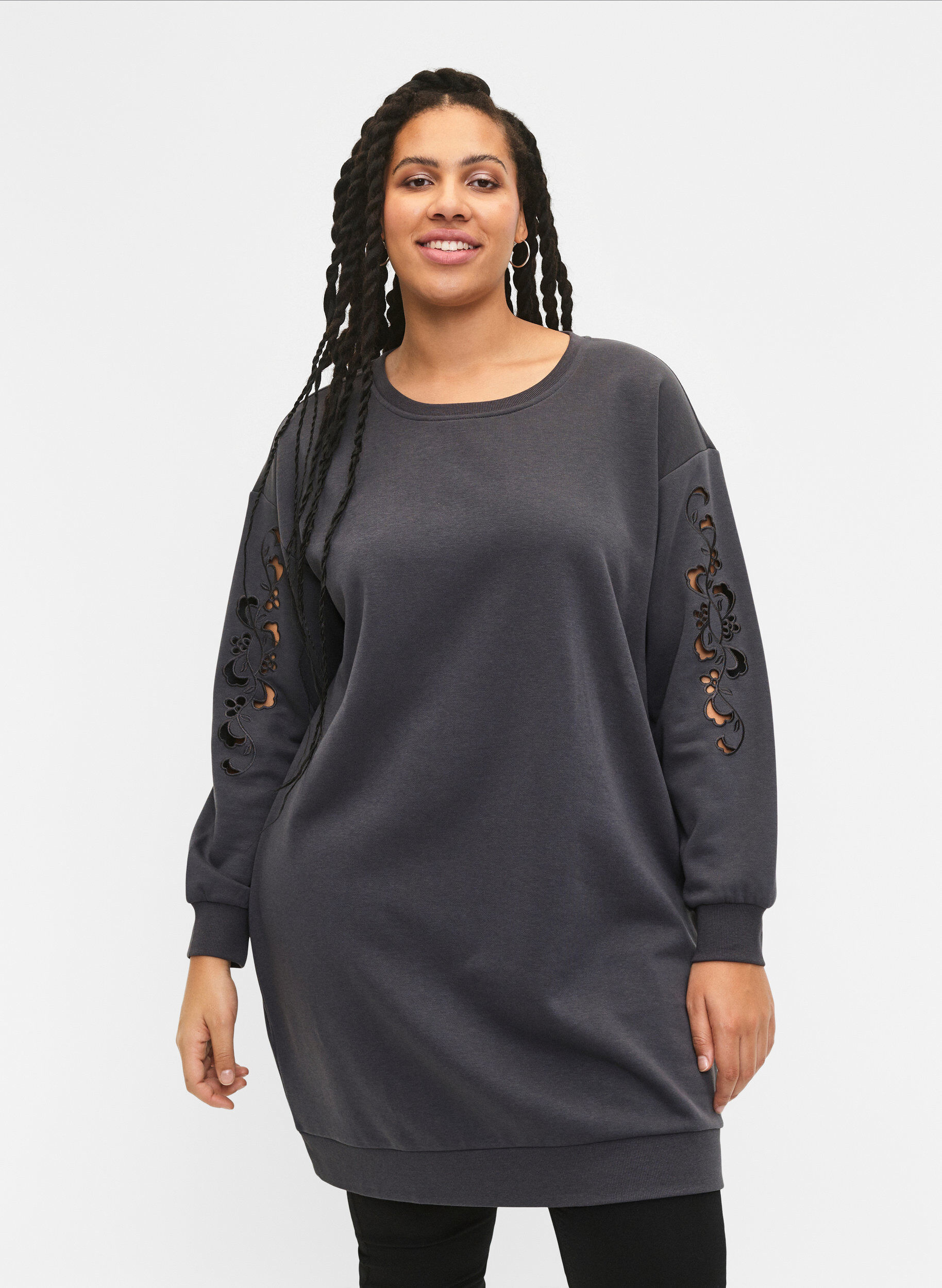 Zizzi Sweatkleid mit gestickten Details, Dark Grey, Model image number 0