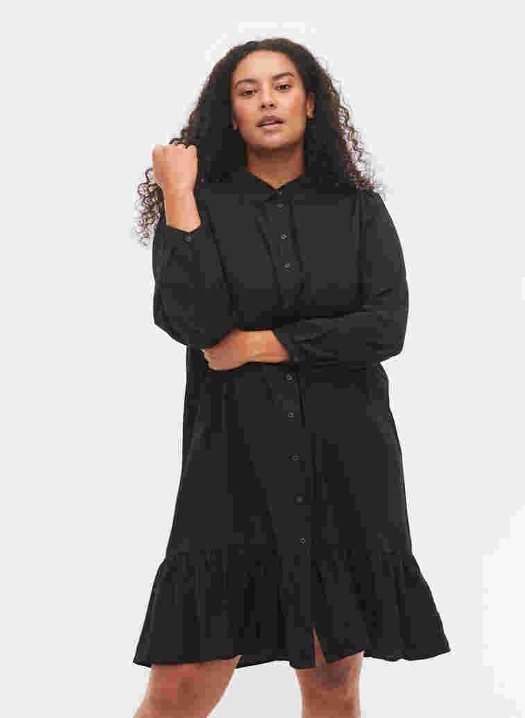 Hemdkleid aus Viskose mit Rüschensaum, Black, Model image number 0