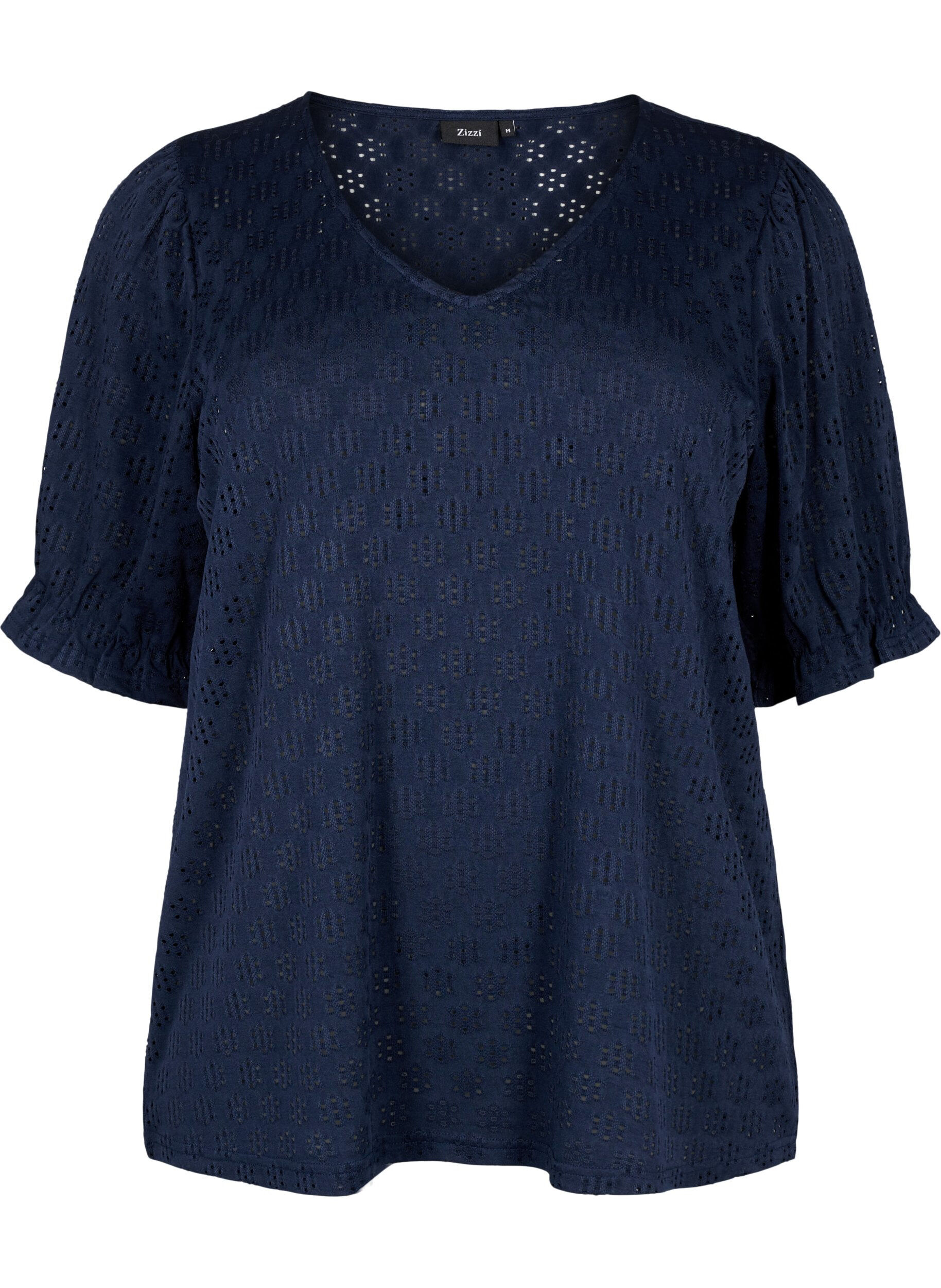 Zizzi Bluse mit V-Ausschnitt und Lochmuster, Navy Blazer, Packshot image number 0