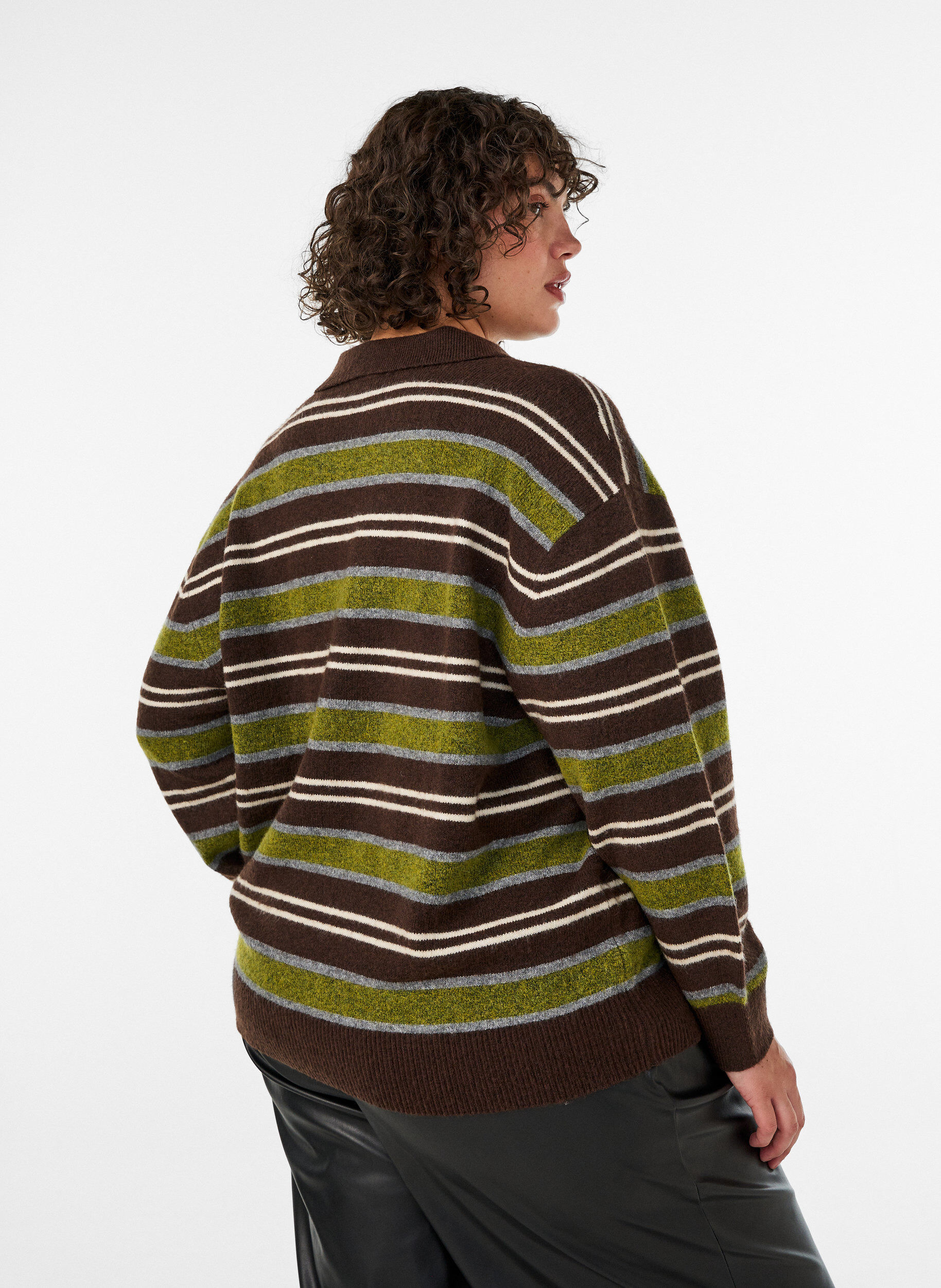 ZizziStrickbluse mit Streifen und Polokragen, Braun, Model image number 2