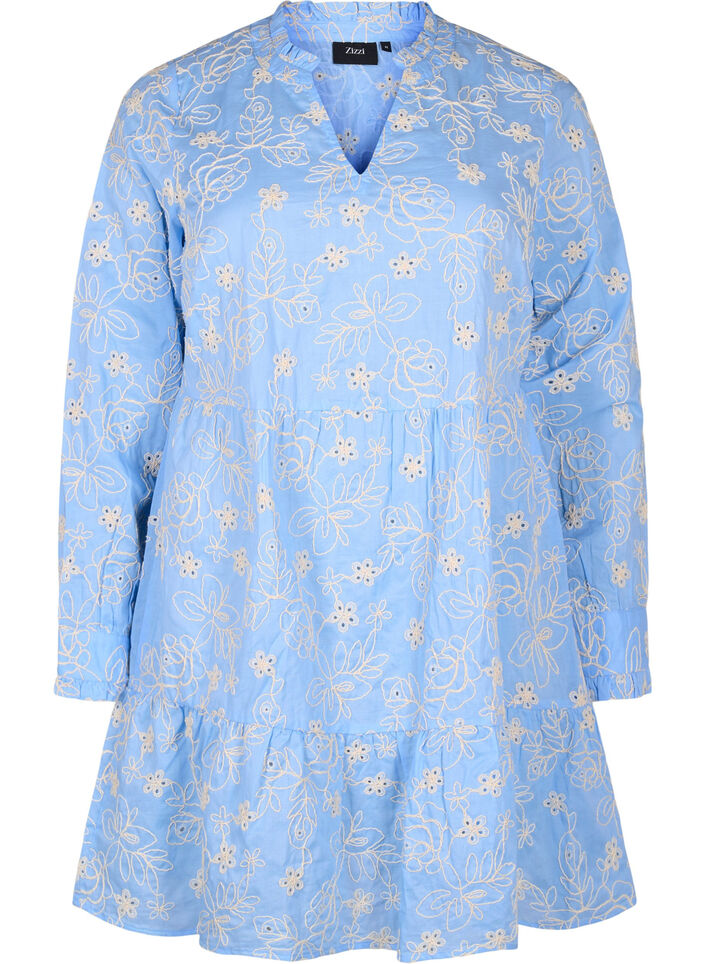 Kleid mit gestickten Blüten und langen Ärmeln, Blau, Packshot image number 0