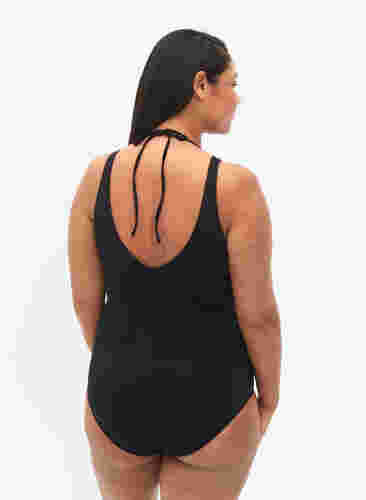Badeanzug mit Bügel und String-Details, Black, Model image number 1