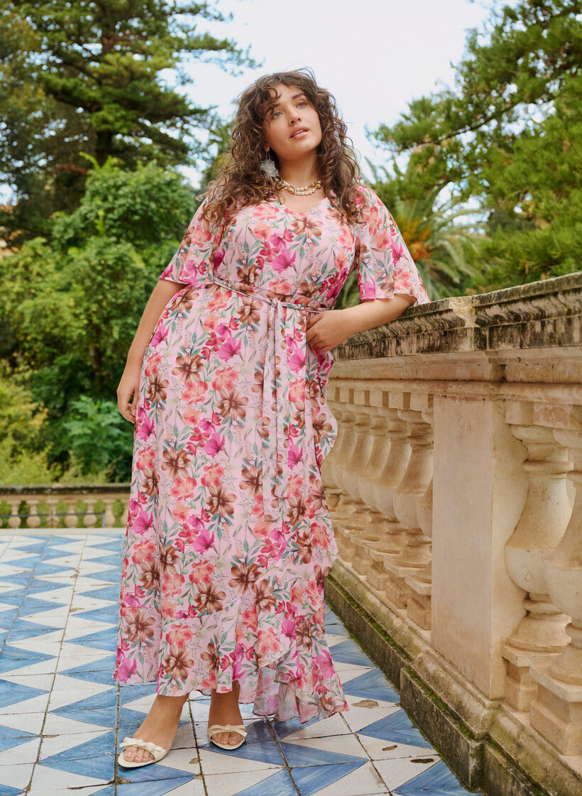 Maxikleid aus Chiffon mit V-Ausschnitt und R&uuml;schensaum, , Image image number 0