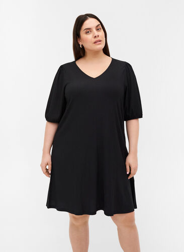 Kleid mit Puffärmeln und V-Ausschnitt, Black, Model image number 0