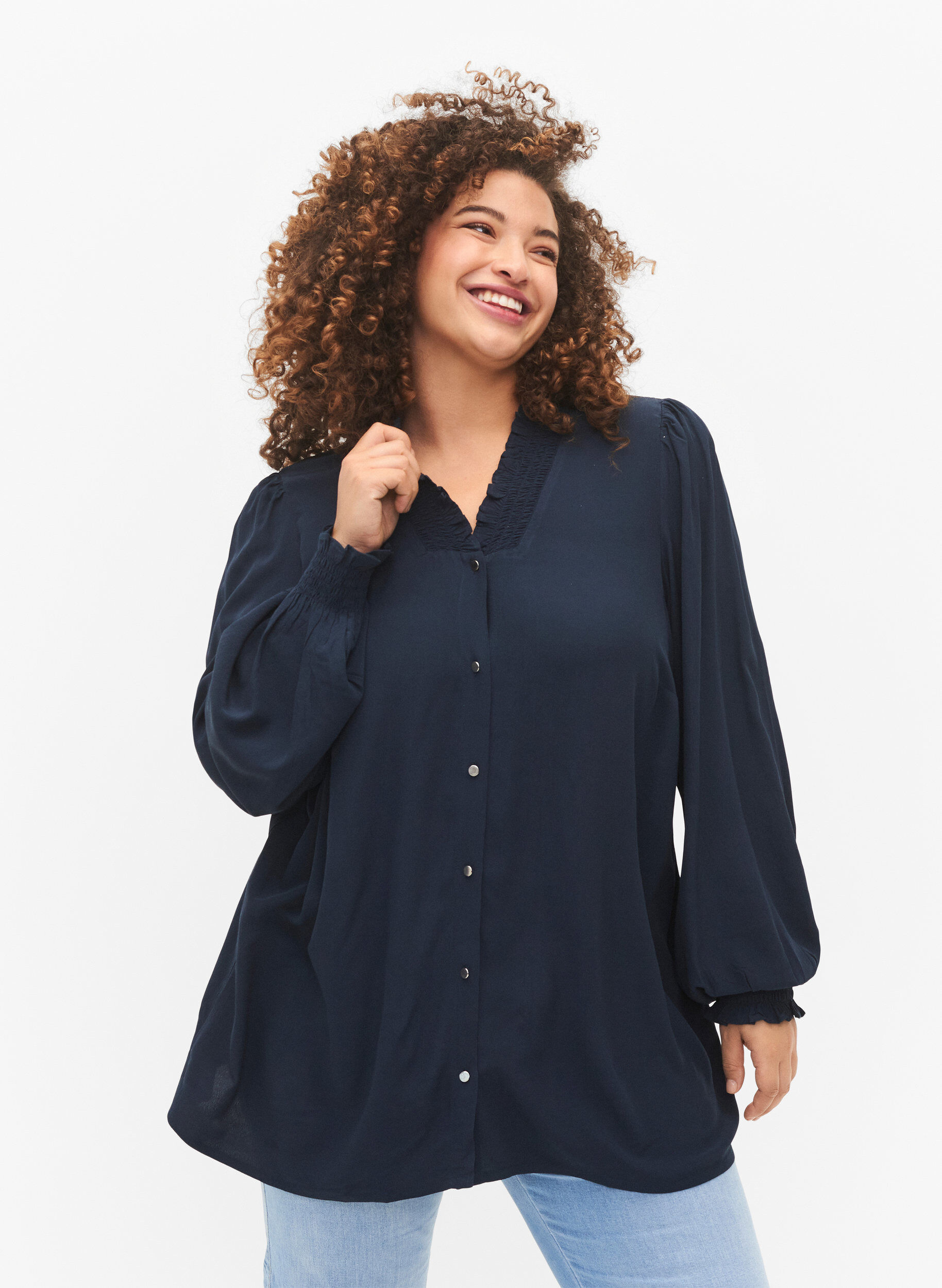 Zizzi Lang&auml;rmlige Bluse aus Viskose, Total Eclipse, Model image number 0