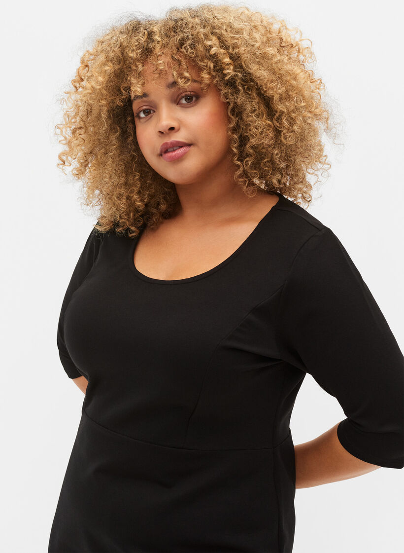 Unifarbenes Kleid mit 3/4 Ärmeln und Schlitz, Black, Model image number 2