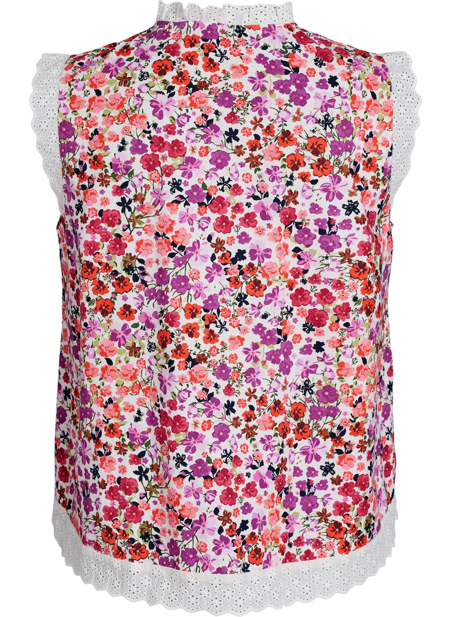 Zizzi &Auml;rmellose Bluse aus Baumwolle mit Blumenprint und Broderie Anglaise, Pink, Packshot image number 1