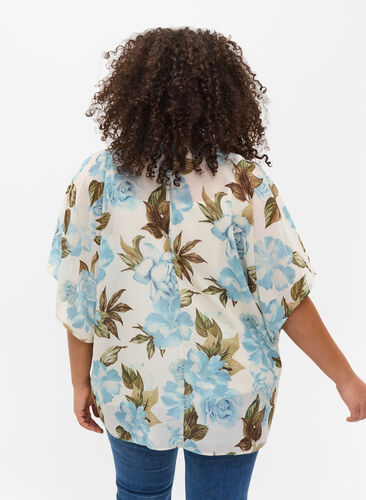 Kurzarm Bluse mit Bindebändern und Print , Cloud Dancer Flower , Model image number 1