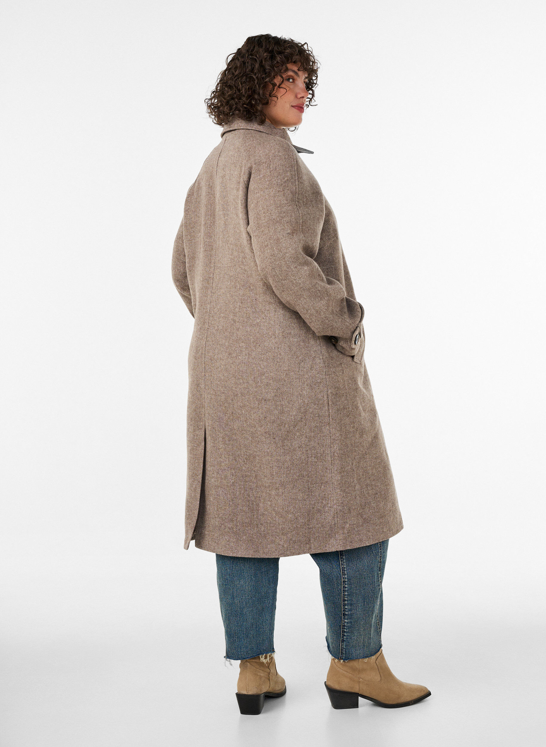 ZizziLanger Wollmantel mit hohem Kragen und doppelreihigem Design, Braun, Model image number 2