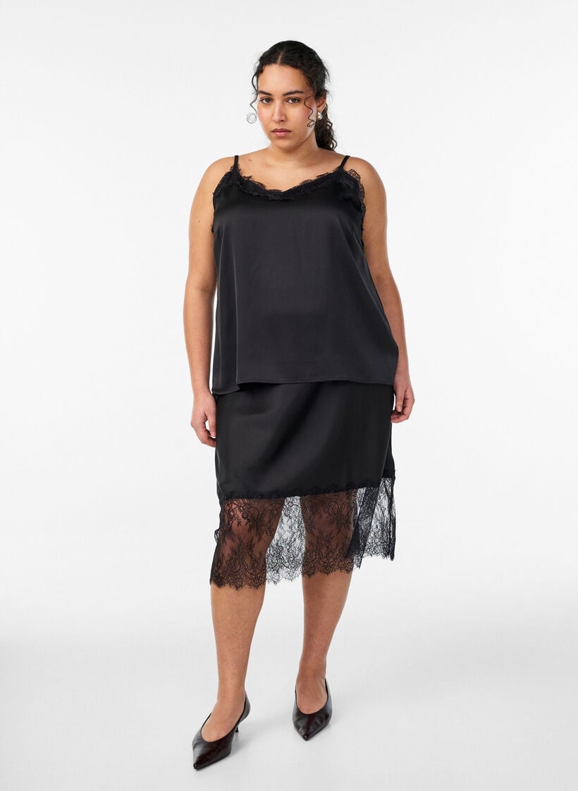 Tr&auml;gertop aus Satin mit Spitze, Schwarz, Model image number 1