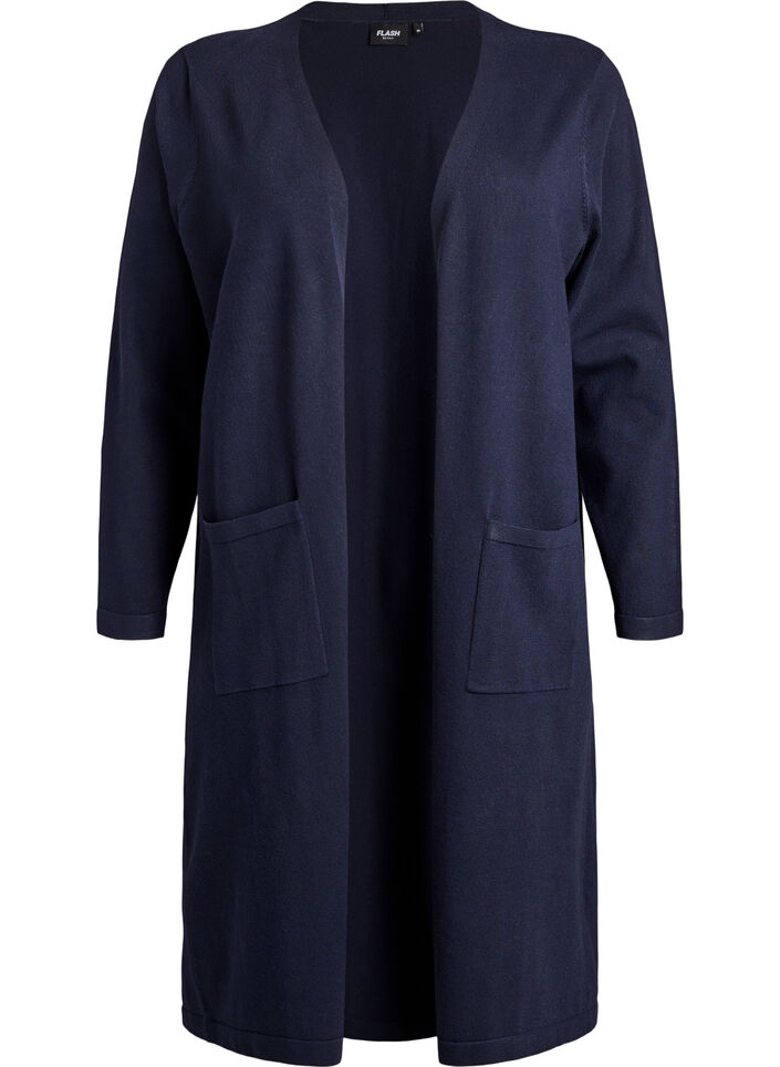 Lange, offene Strickjacke mit Taschen, Blau, Packshot image number 0