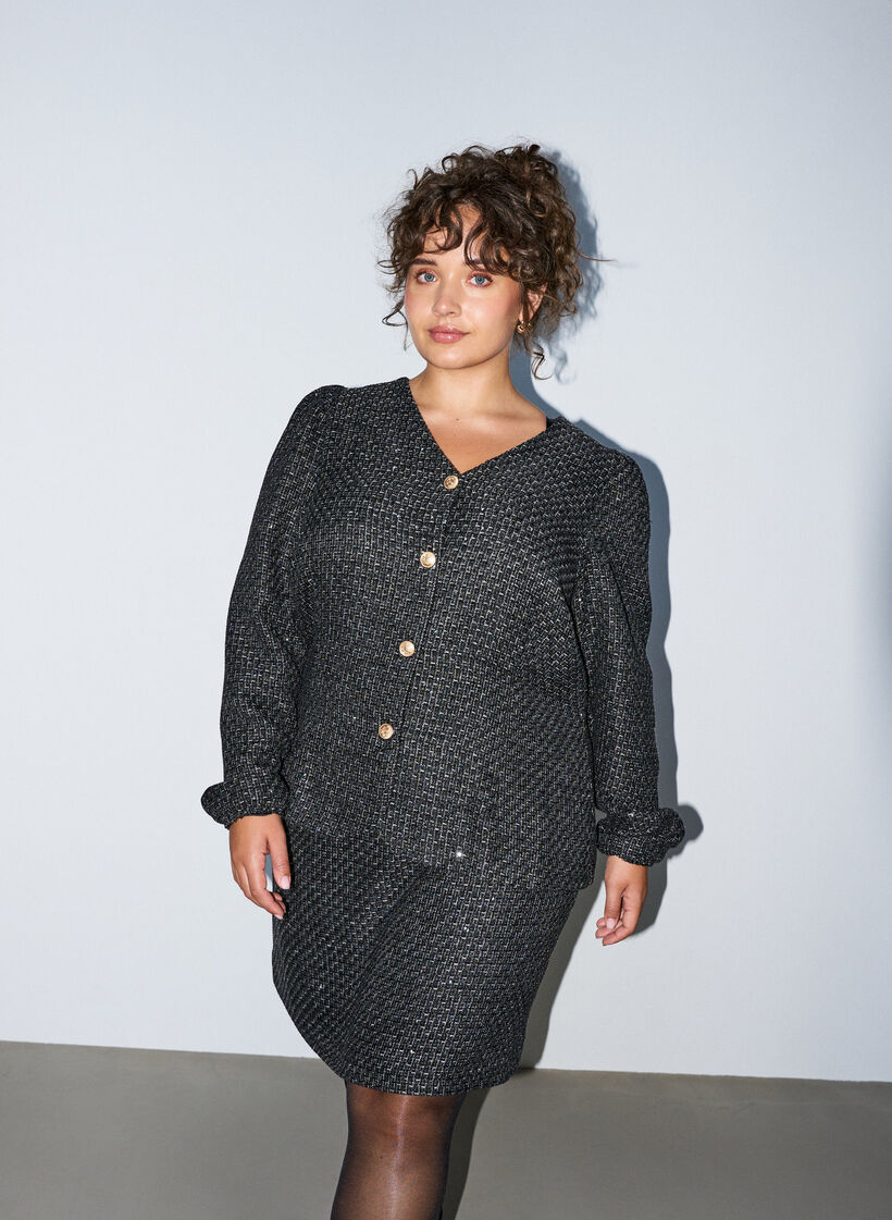 Boucl&eacute;-Jacke mit Pailletten und Zierkn&ouml;pfen, Schwarz, Model image number 0
