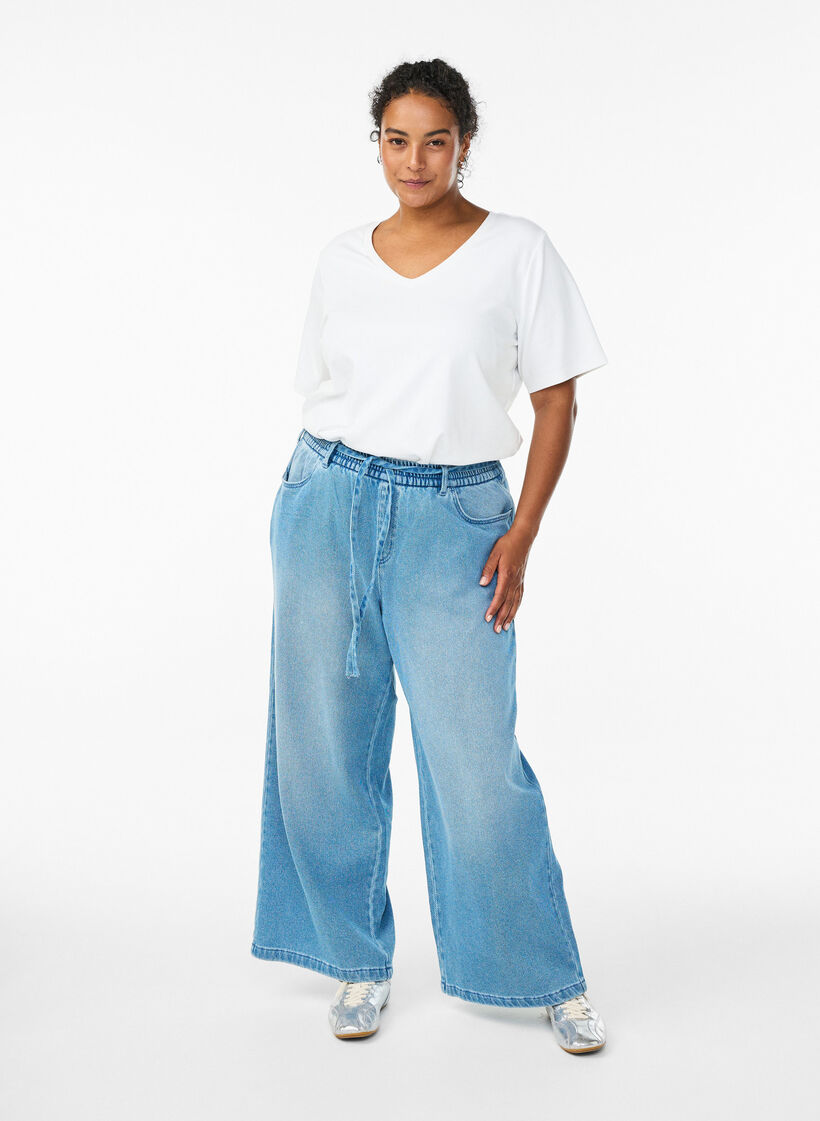 Jeans mit lockerer Passform, elastischem Bund und Tunnelzug, Blau, Model image number 0