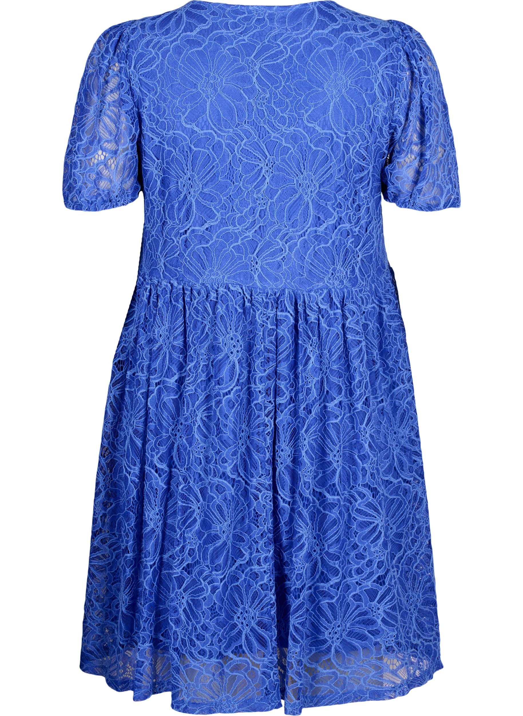 Zizzi Kurz&auml;rmliges Spitzenkleid mit V-Ausschnitt, Dazzling Blue, Packshot image number 1