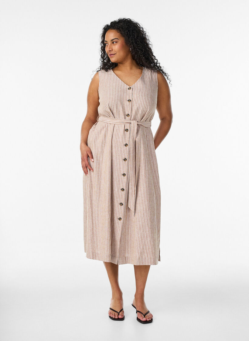 &Auml;rmelloses gestreiftes Midikleid aus Leinen und Viskose, Beige, Model image number 0