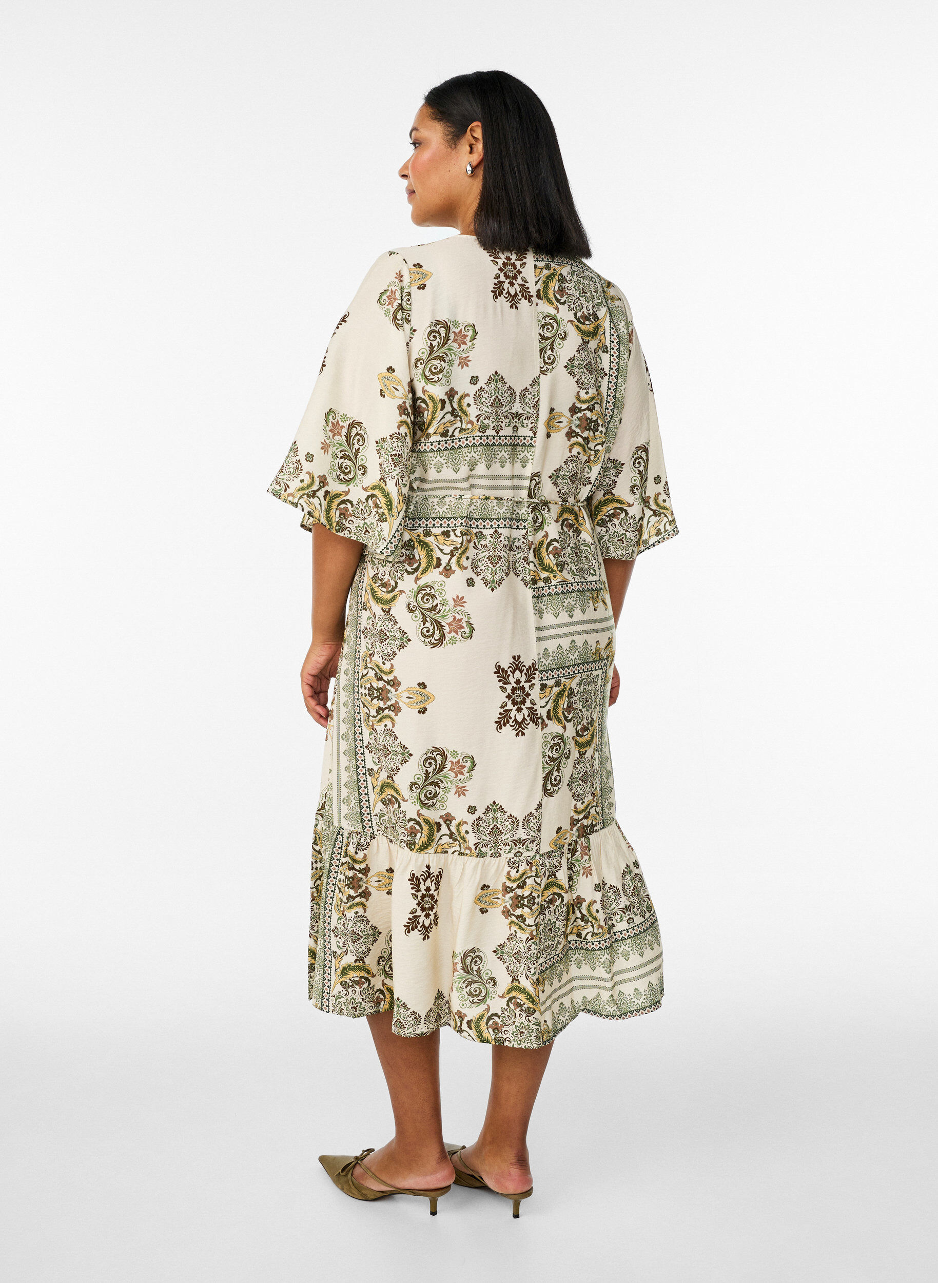 Zizzi Gemustertes Midikleid aus Viskose mit Bindeg&uuml;rtel, Gr&uuml;n, Model image number 1