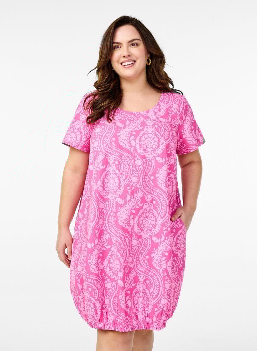 Kurzärmliges Baumwollkleid mit Print, Pink, Model image number 0