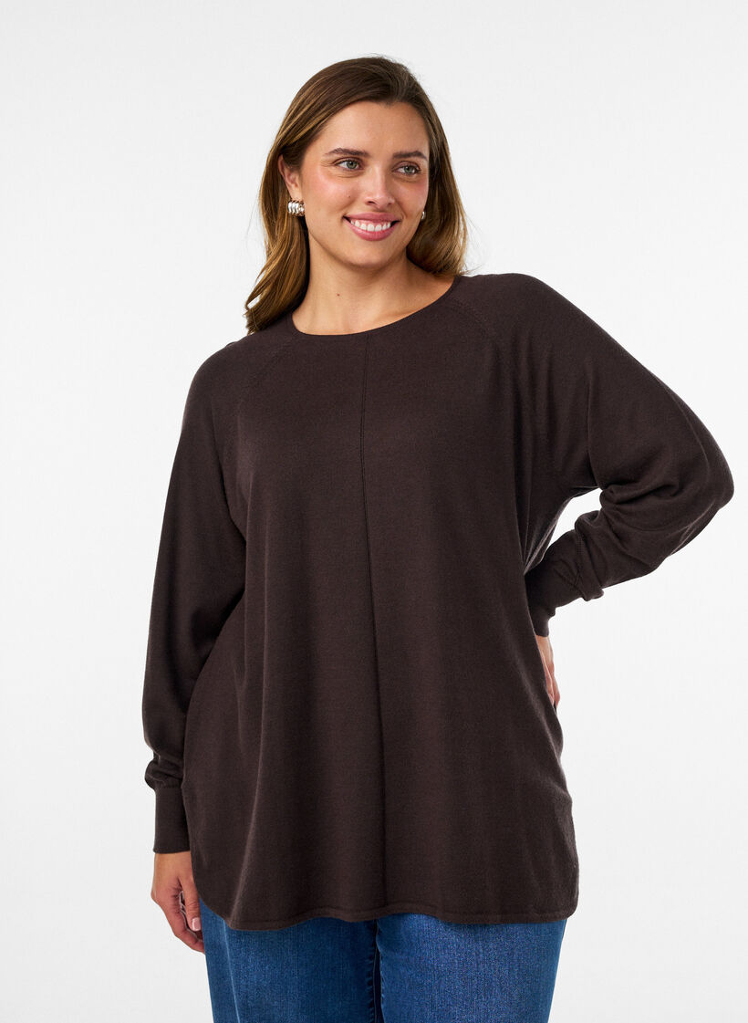 Strickbluse mit Rundhalsausschnitt und Strickmuster, Braun, Model image number 0
