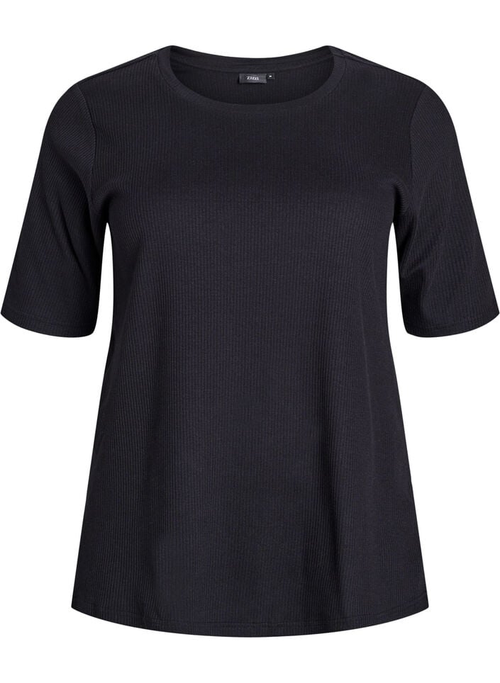 Bluse aus geripptem Jersey mit kurzen &Auml;rmeln, Schwarz, Packshot image number 0