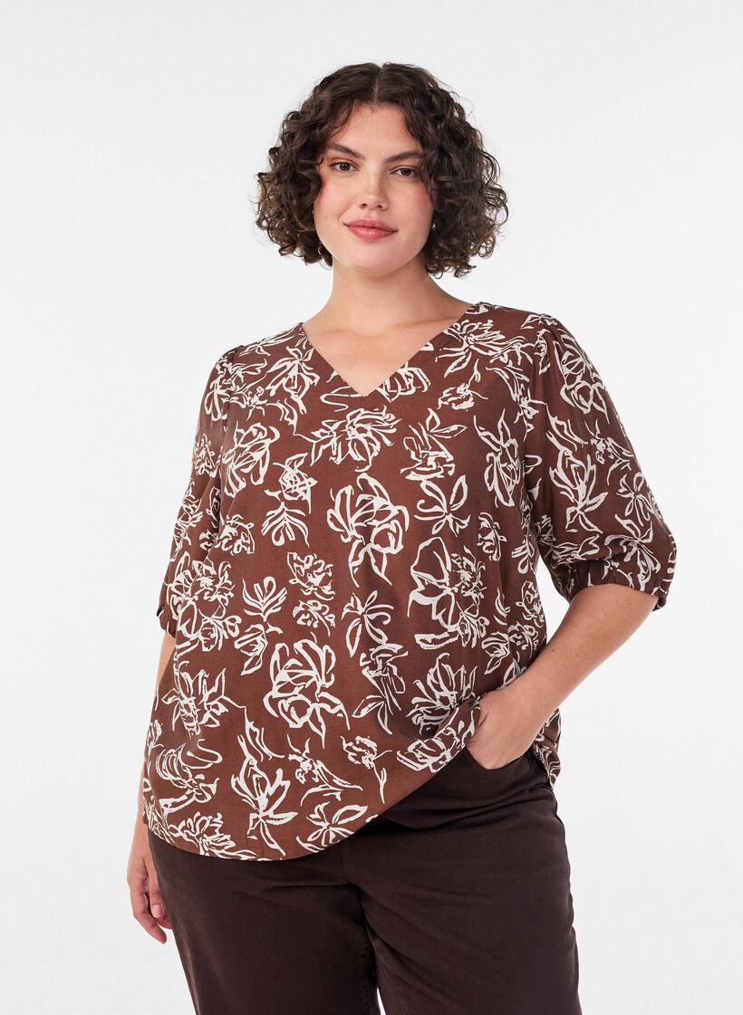 Bluse aus Viskose mit V-Ausschnitt, Braun, Model image number 0