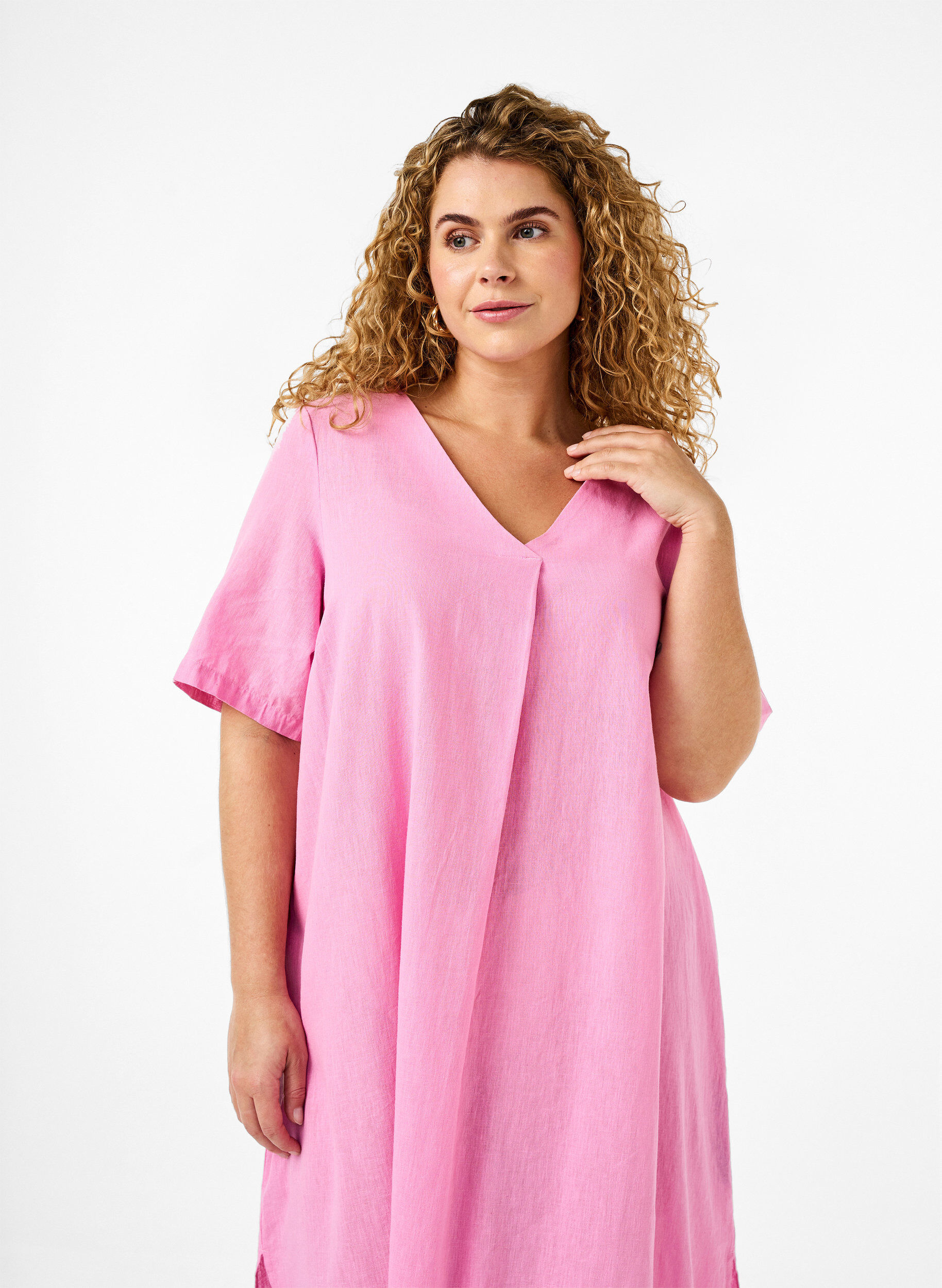 Zizzi Kaftan-Kleid aus Baumwollmischung mit Leinen, Pink, Model image number 2