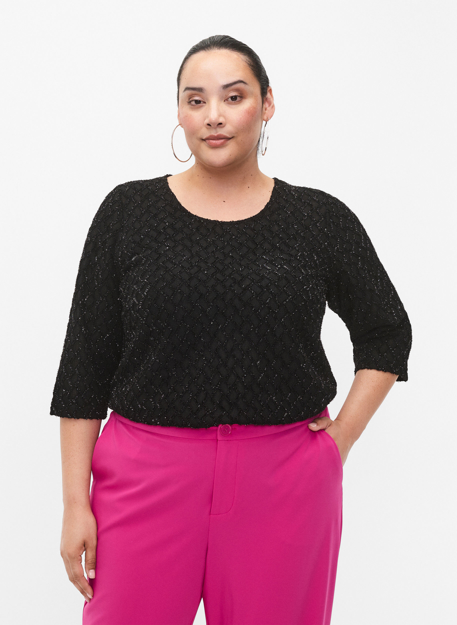 Zizzi Gemusterte Bluse mit 3/4-&Auml;rmeln und Glitzer, Black, Model image number 0