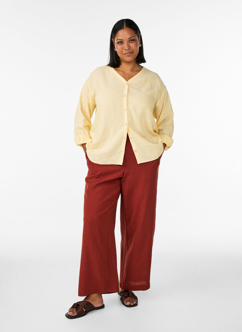 Bluse aus Leinen und Viskose mit V-Ausschnitt, Gelb, Model image number 1