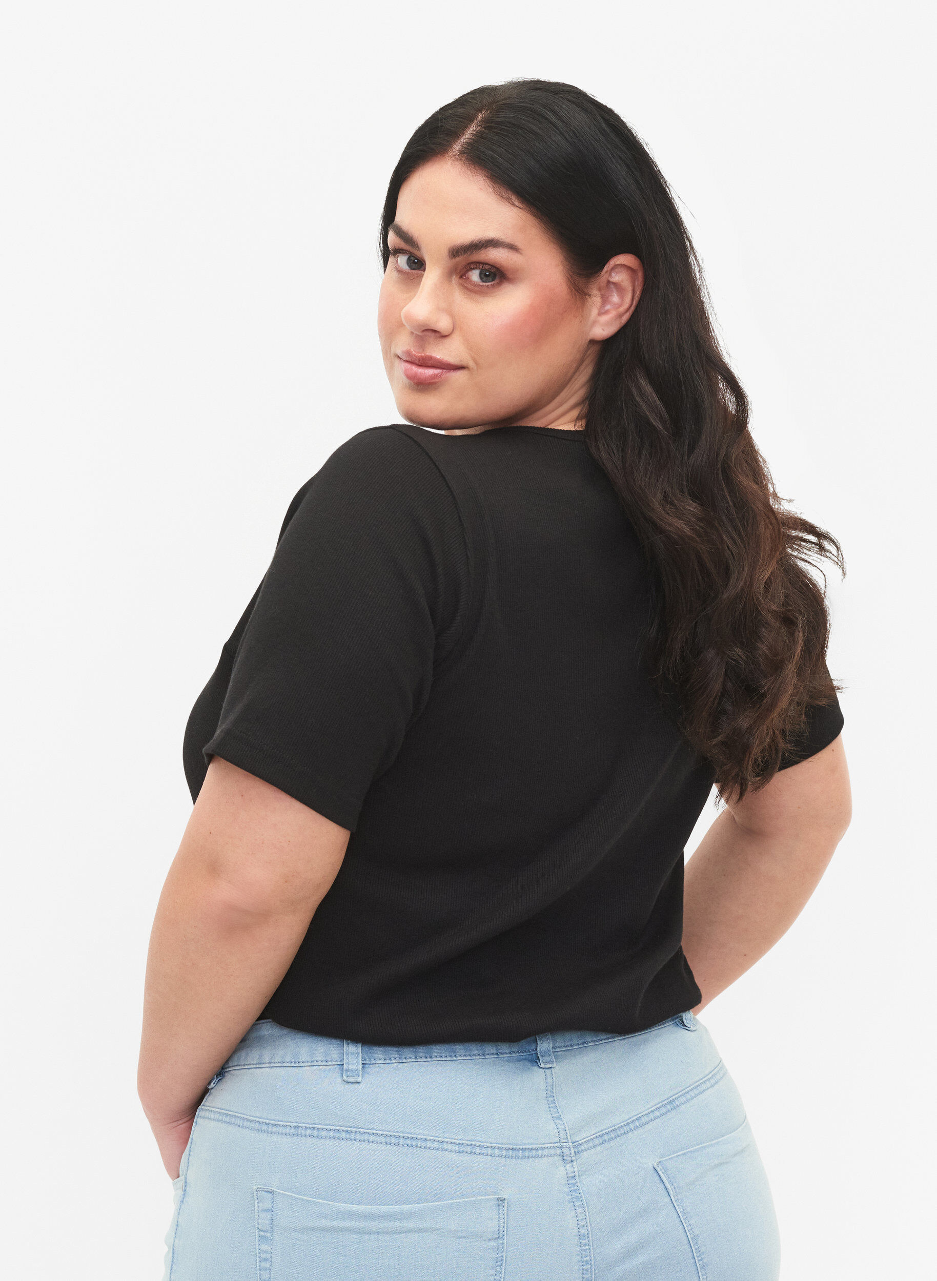 Zizzi Kurz&auml;rmelige Bluse aus gerippter Baumwolle, Black, Model image number 1