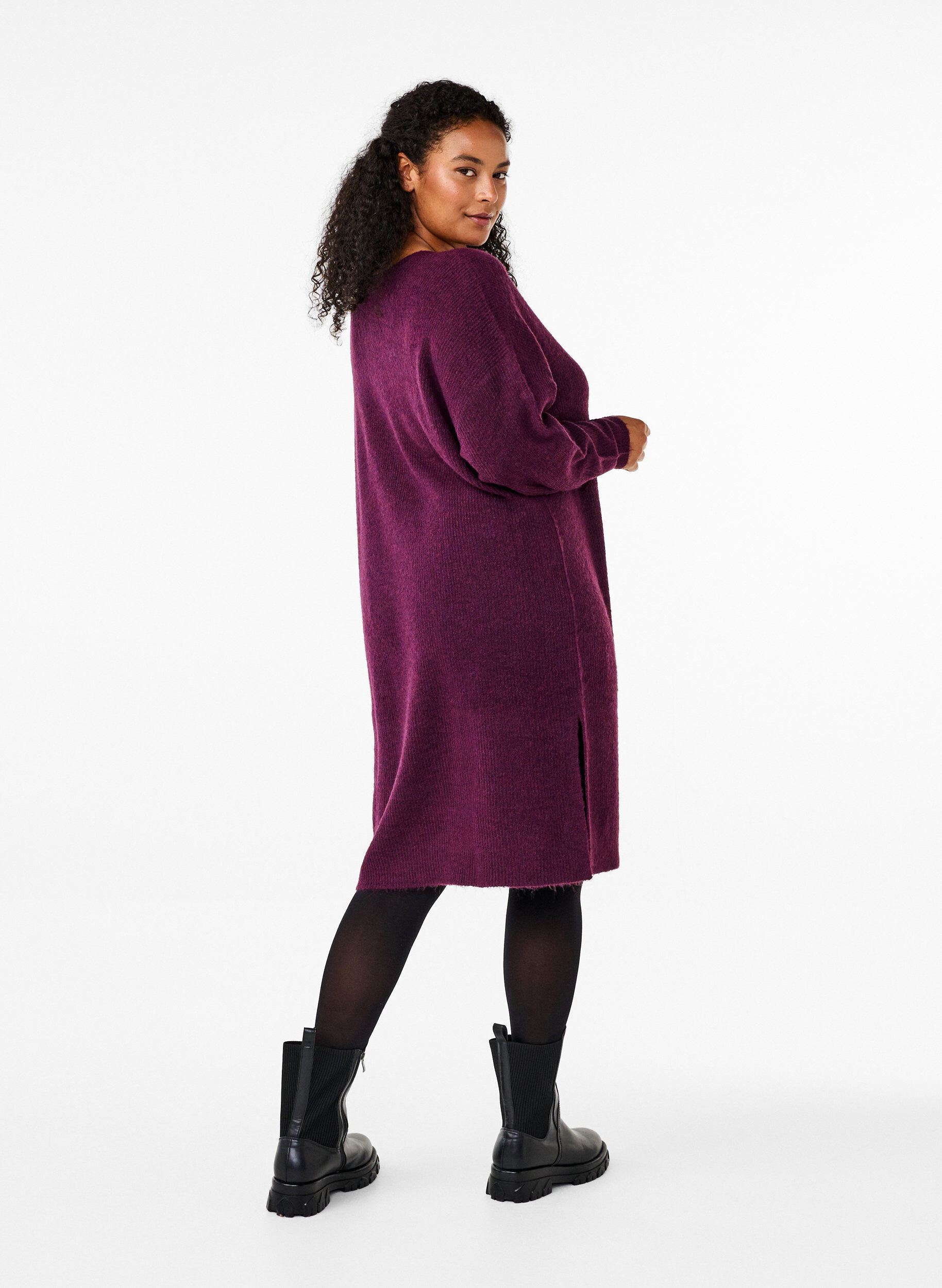 Zizzi Lang&auml;rmeliges Kleid aus Rippstrick, Potent Purple Mel., Model image number 1