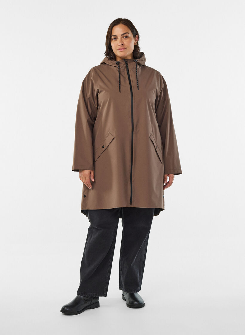 Regenjacke mit Taschen und Kapuze, Braun, Model image number 1