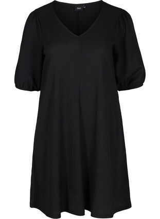 Kleid mit Puffärmeln und V-Ausschnitt, Black, Packshot image number 0