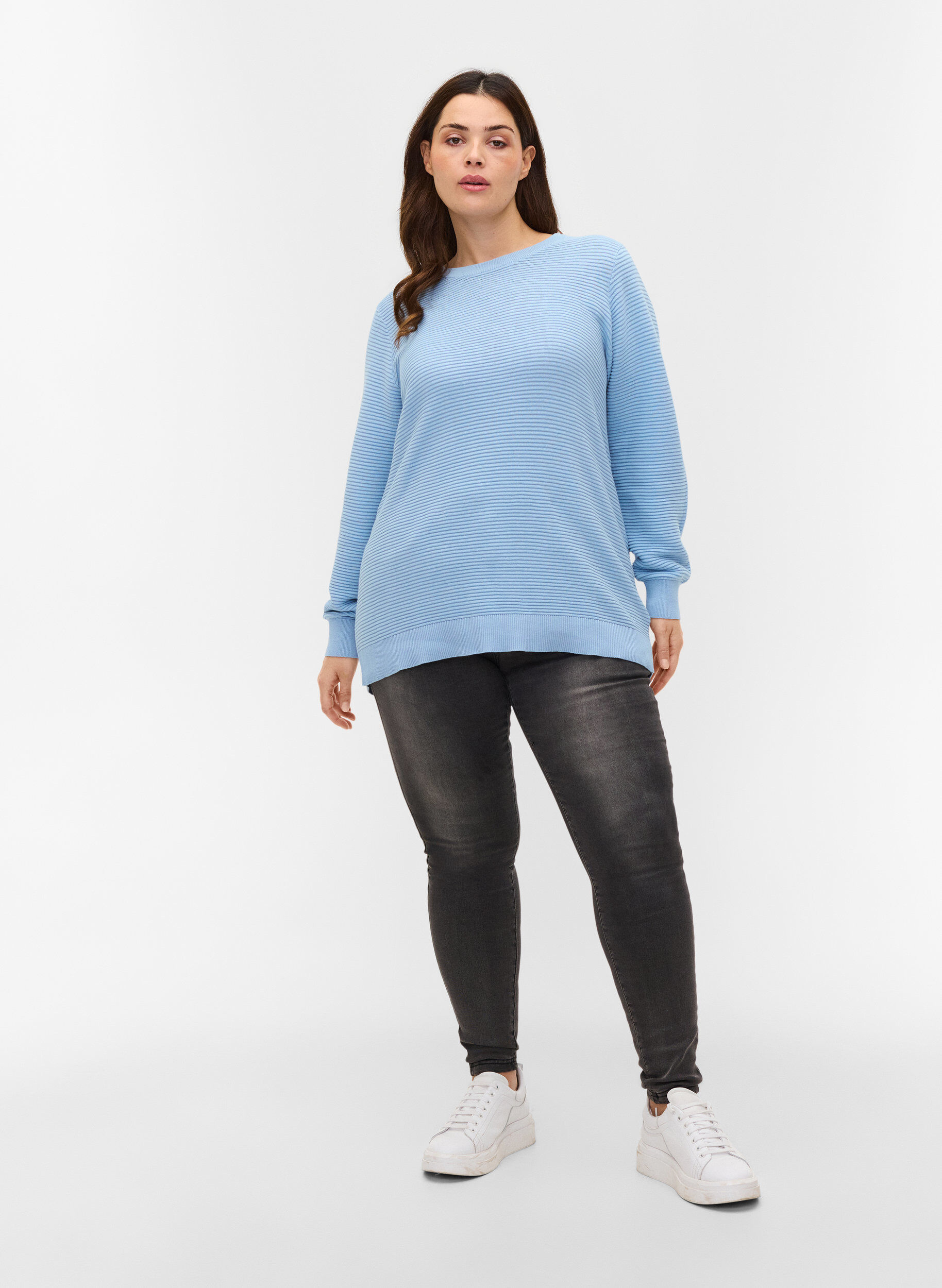 Zizzi Langarm Strickbluse aus Bio-Baumwolle, Chambray Blue, Model image number 2