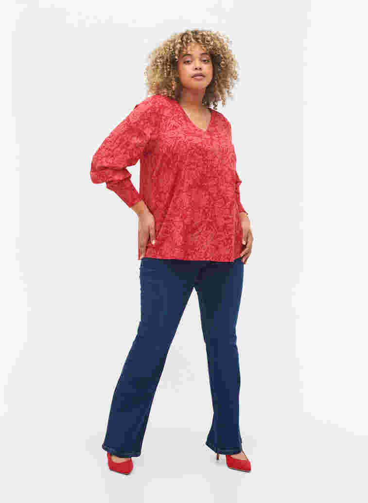 Bluse mit V-Ausschnitt und Smoking, Ribbon Red AOP, Model image number 2