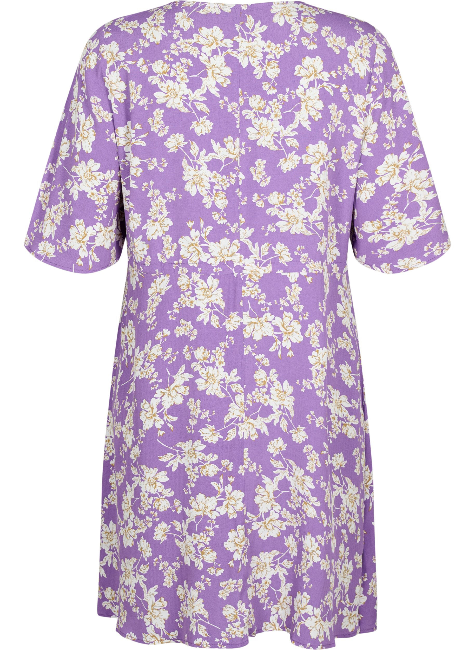 Zizzi Kleid mit 1/2 &Auml;rmeln und Blumenmuster aus Viskose, Purple Flower AOP, Packshot image number 1