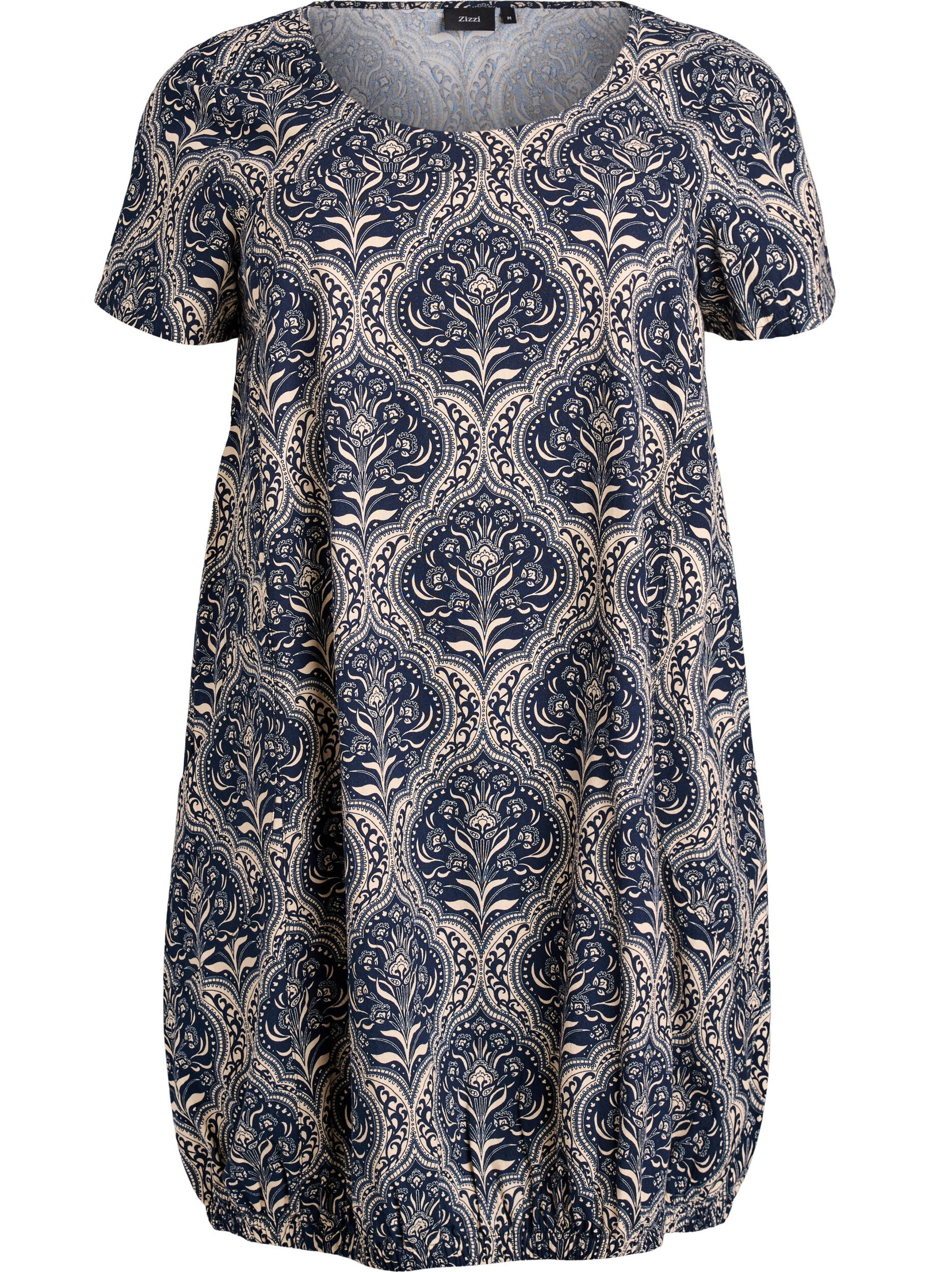 Zizzi Kurz&auml;rmliges Baumwollkleid mit Print, Blau, Packshot image number 0