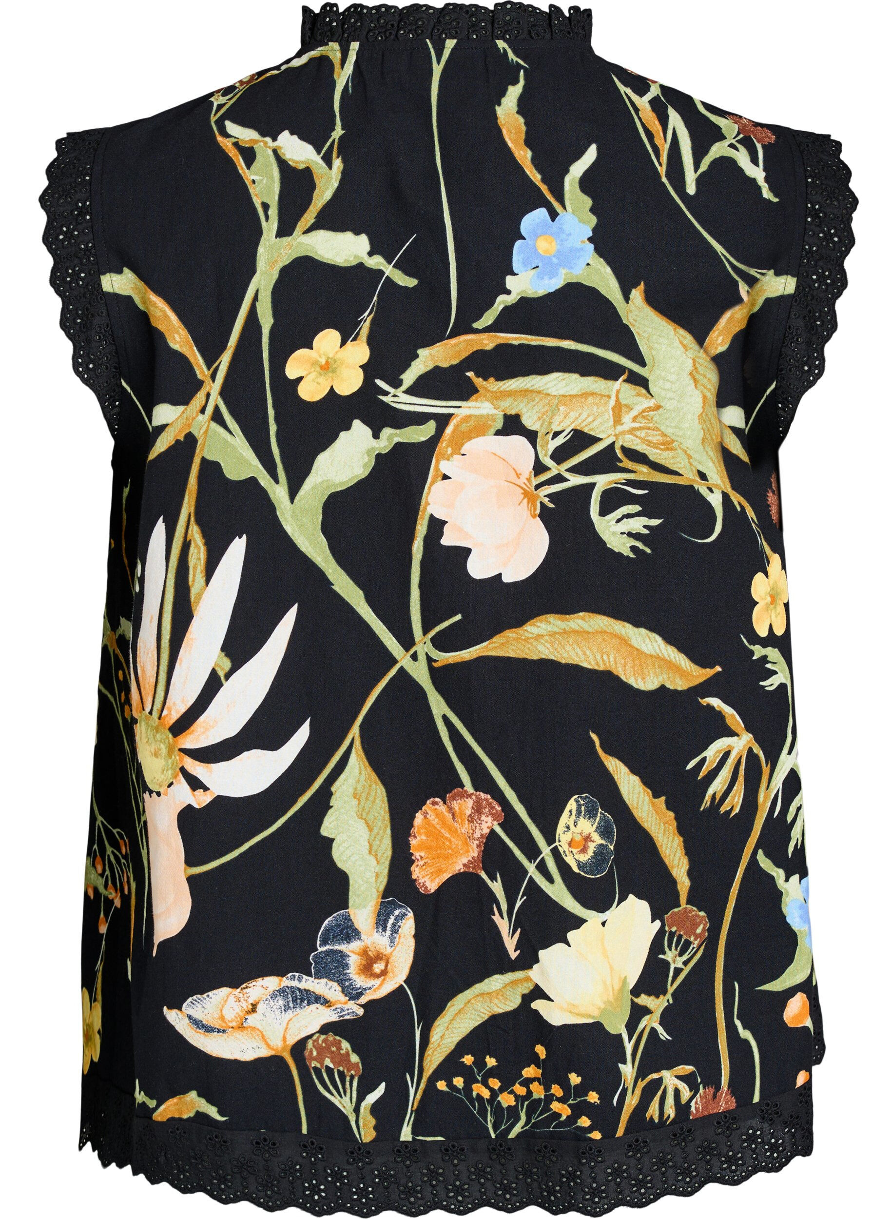 Zizzi &Auml;rmellose Bluse aus Baumwolle mit Blumenprint und Broderie Anglaise, Schwarz, Packshot image number 1