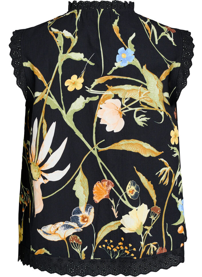 &Auml;rmellose Bluse aus Baumwolle mit Blumenprint und Broderie Anglaise, Schwarz, Packshot image number 1