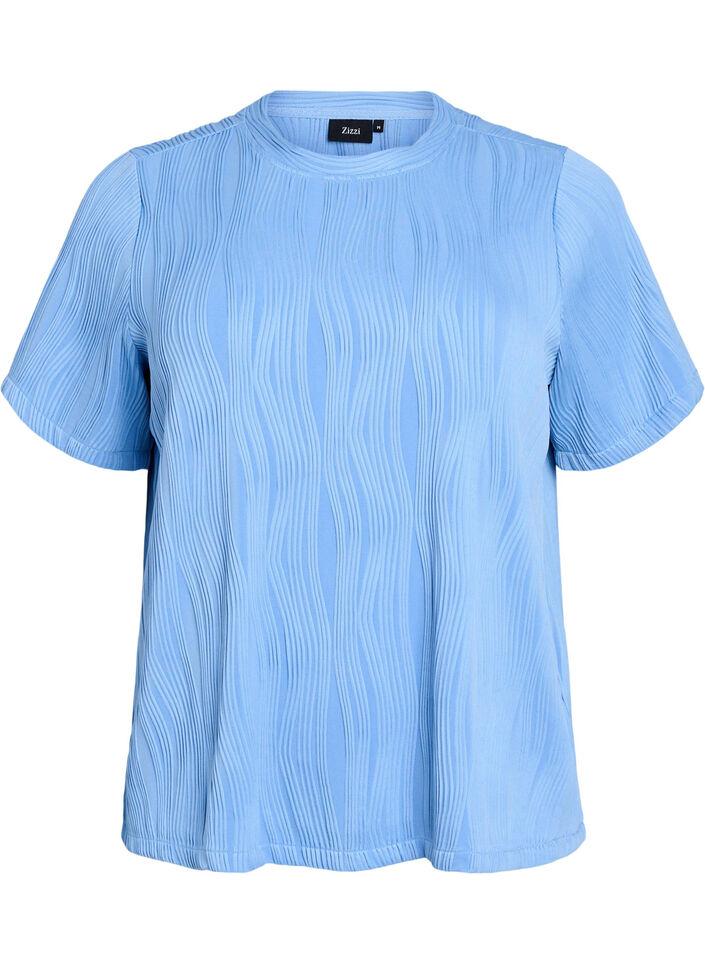 Bluse mit kurzen Ärmeln und einer welligen Struktur, Blau, Packshot image number 0