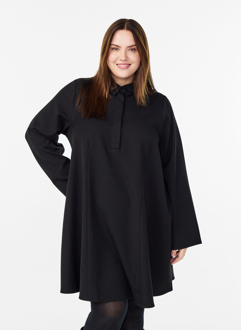 Kurzes A-Linien-Kleid mit langen Ärmeln, Schwarz, Model image number 0
