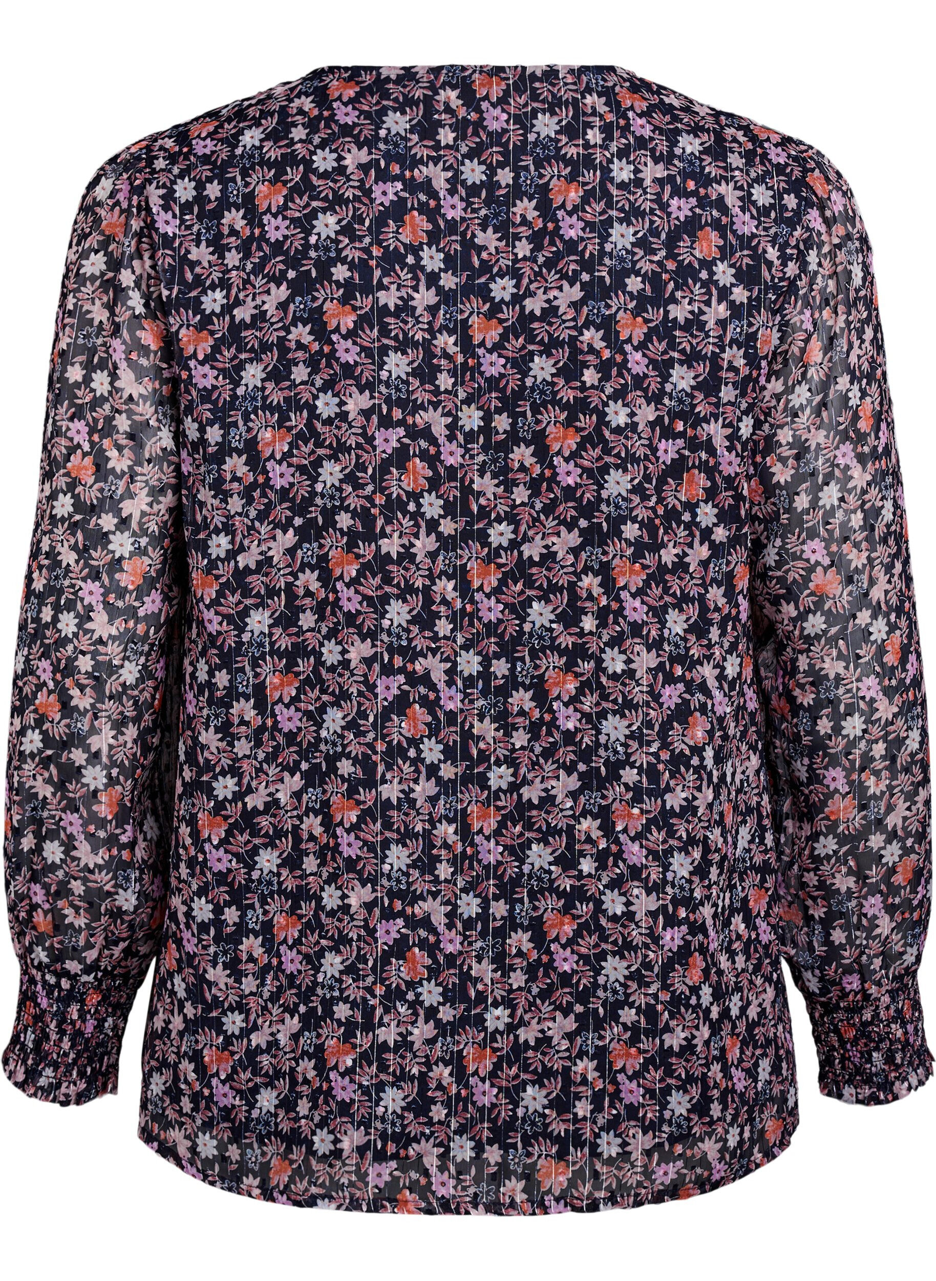 Zizzi Bluse mit gebl&uuml;mtem Print und Glitzerfaden, Blau, Packshot image number 1