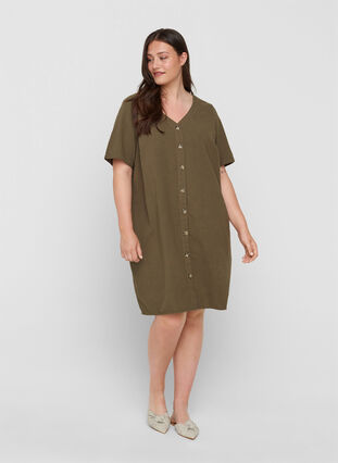 Kurzarm Kleid aus Baumwolle mit Knöpfen, Ivy Green, Model image number 2