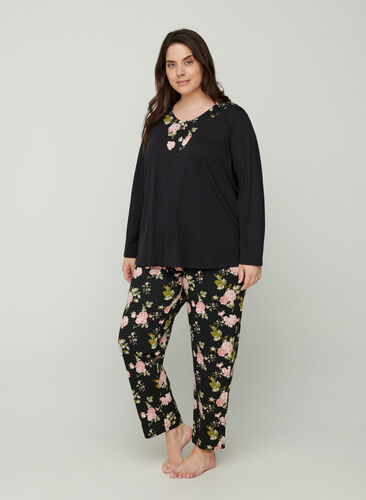 Schlafanzughose aus Baumwolle mit Blumenmuster, Black w. Flower, Model image number 1
