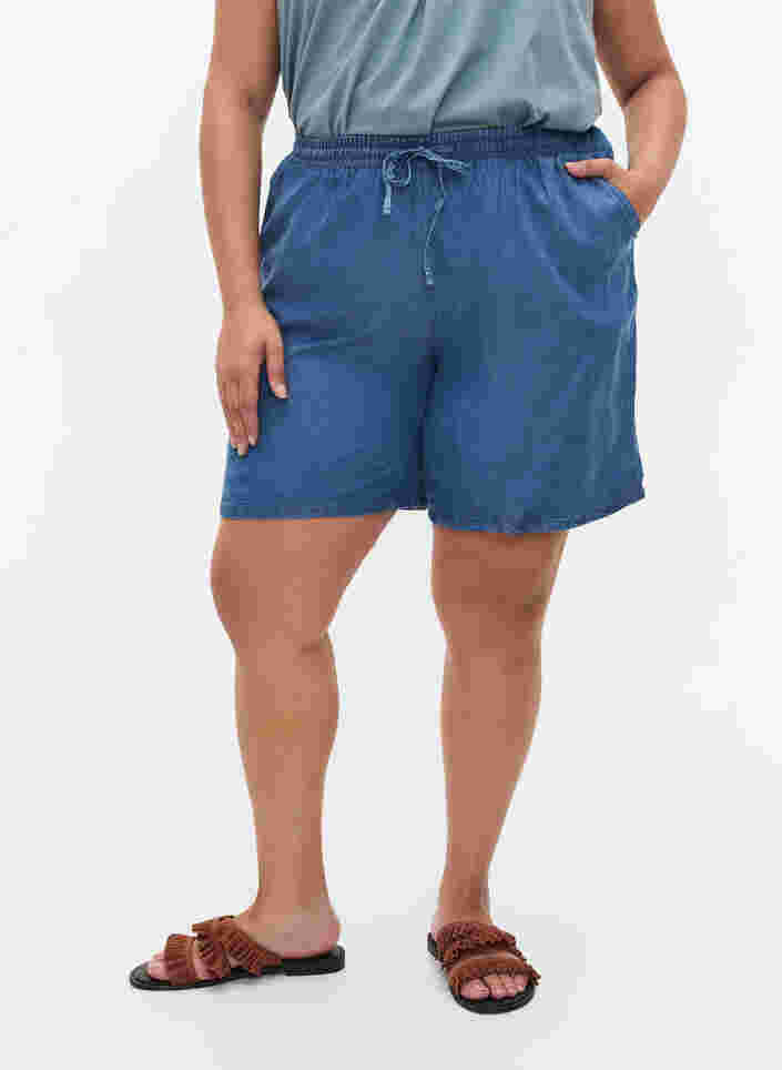 Shorts mit lockerer Passform, Bindeschnüren und Taschen, Blue denim, Model image number 1