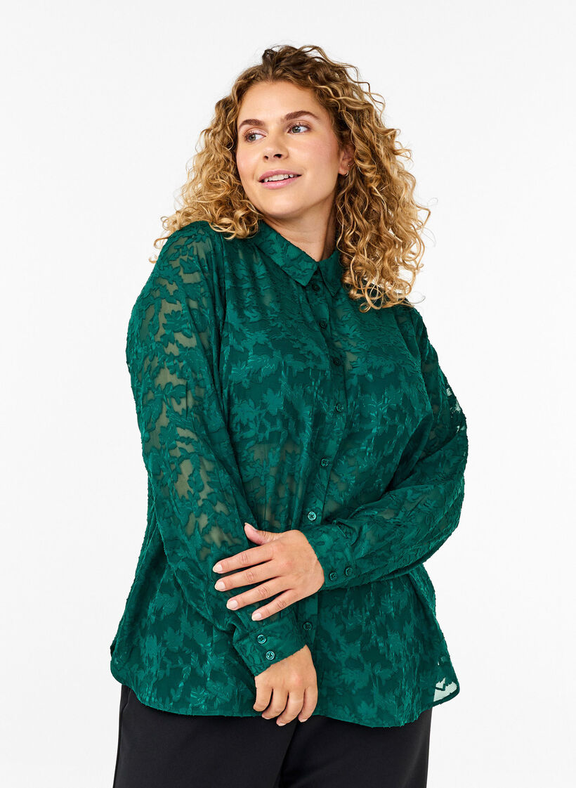 Jacquard-Bluse mit Knöpfen, Rain Forest, Model image number 0