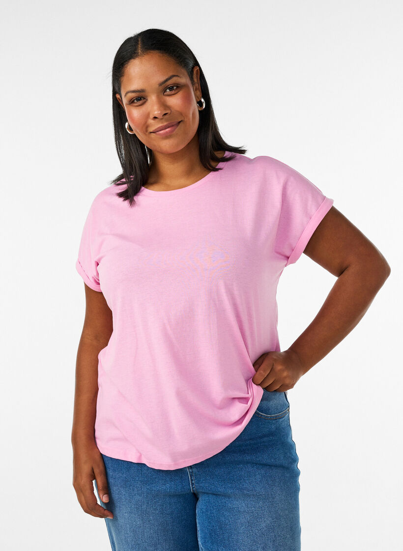 Kurz&auml;rmeliges T-Shirt aus einer Baumwollmischung, Pink, Model image number 0