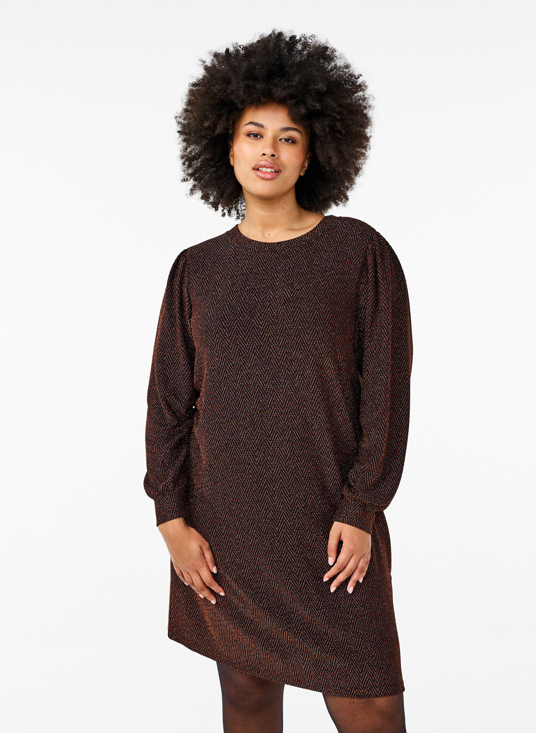 Zizzi Kleid mit Zickzackmuster und Glitzer, Copper ZigZagShimmer, Model image number 0