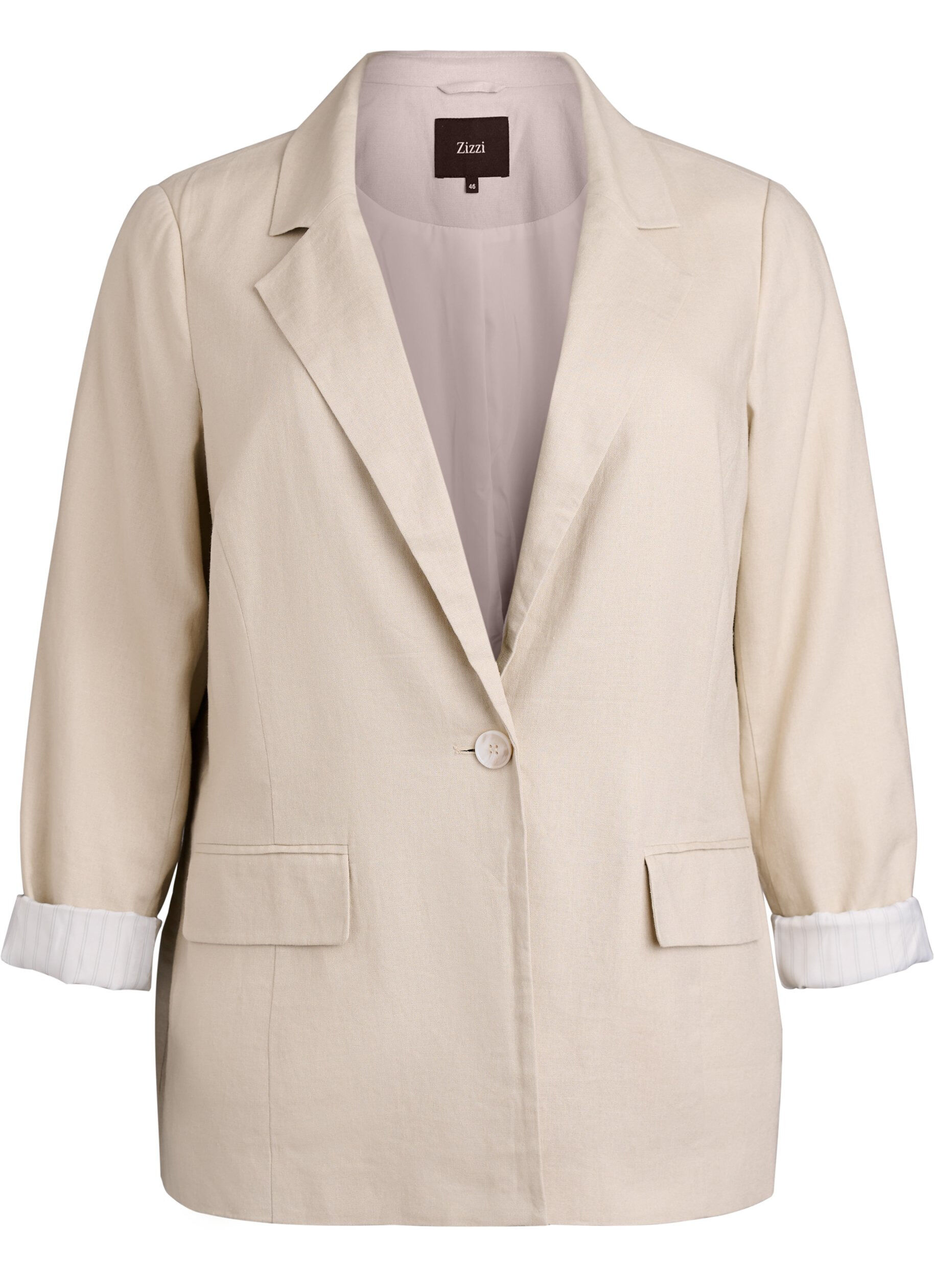 Zizzi Blazer aus Leinen und Viskose mit Revers und Taschen, Beige, Packshot image number 0