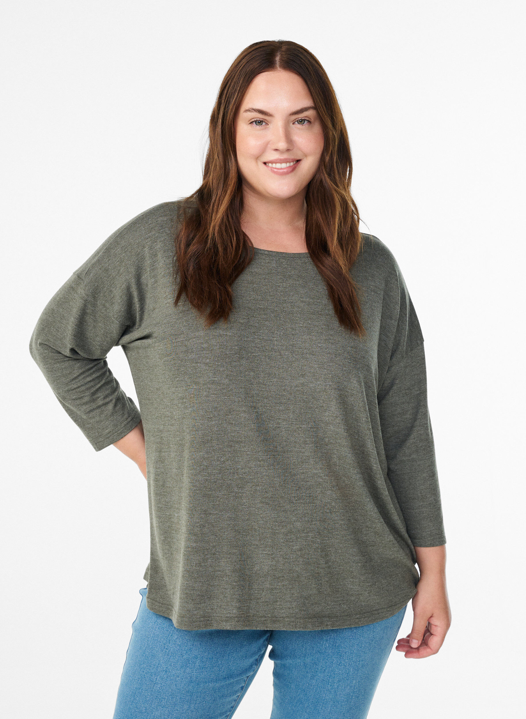 Zizzi Bluse aus Jersey mit 3/4-&Auml;rmeln, Gr&uuml;n, Model image number 0