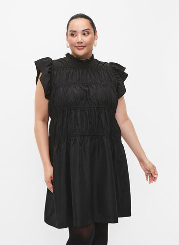 Kleid mit Rüschen und elastischen Schnittlinien, Black, Model image number 0